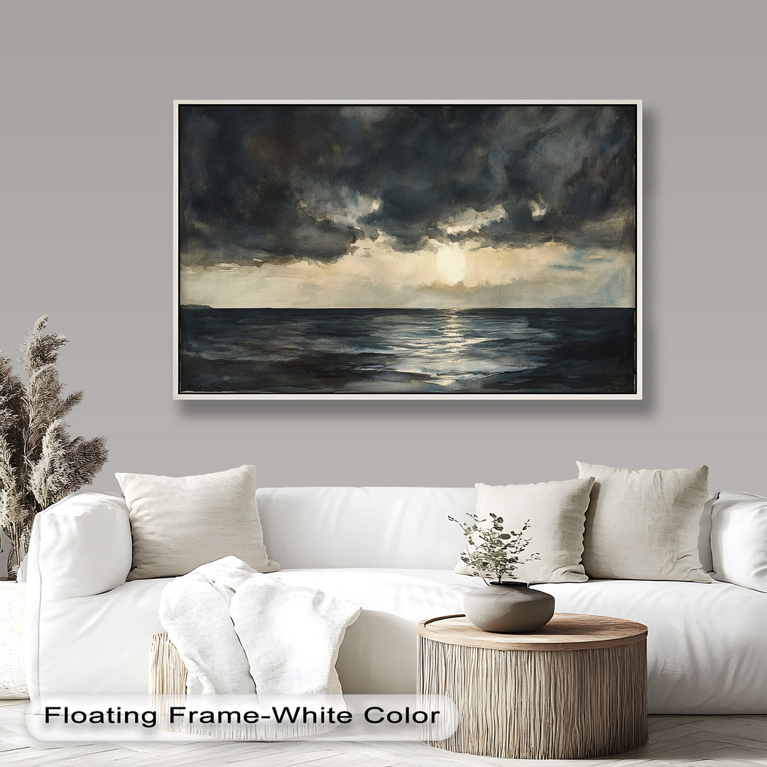 Stormy ocean horizon with glowing sunset through dark clouds.
