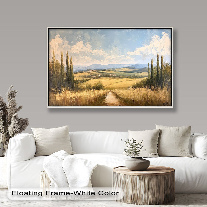 This beautifully textured oil painting transports the viewer to a peaceful landscape, where nature and tradition coexist in harmony, evoking a sense of nostalgia and escape.