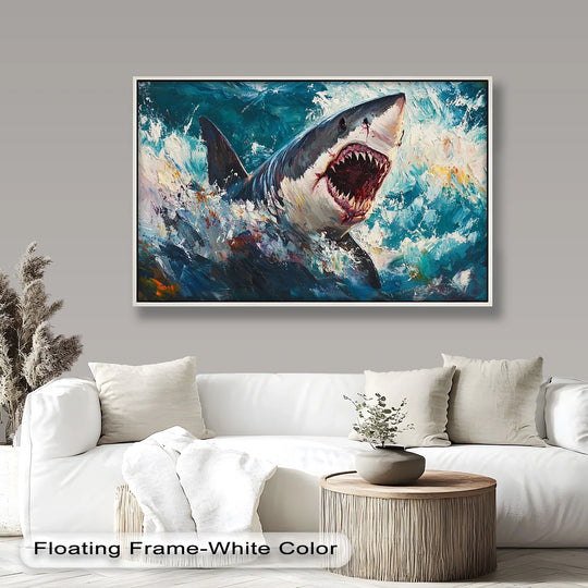 Dramatic color contrast highlights this ferocious shark emerging from turbulent waters oil painting art prints, showcasing a striking animal scene in an artistic style.