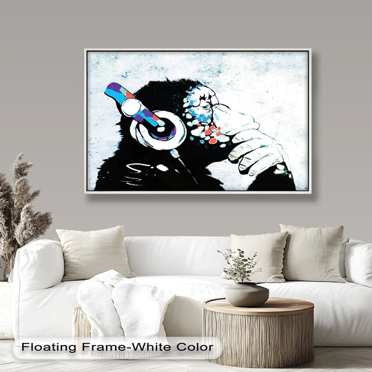 Framed by a white border, this oil painting reproduction print showcases a contemplative chimp with headphones, adding a refined edge to the artwork.