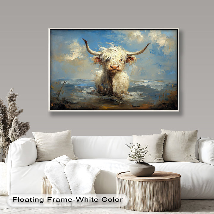 Highland Cow in Coastal Waters – Animal Oil Painting