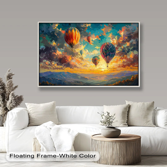 Vibrant color contrast highlights the swirling sunset sky behind hot air balloons in this striking oil painting home decor piece, creating a visually captivating landscape.