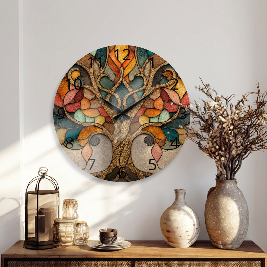 Autumn Tree of Life Glass Wall Clock – Stained Glass Style Decor