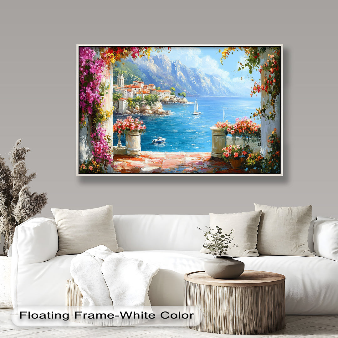 Seaside Mediterranean village painting with terracotta rooftops and sailboats.
