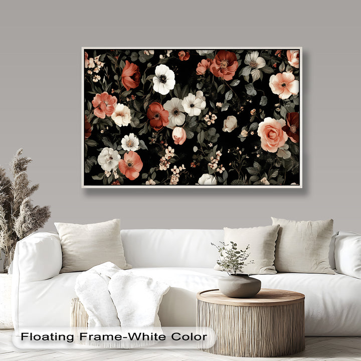 A richly detailed floral composition with pale ivory, coral, and crimson flowers blooming against a black backdrop.