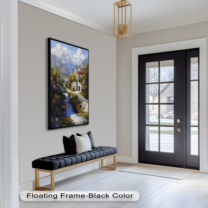 Mountain Abbey by the Falls – Serene Renaissance Oil Painting