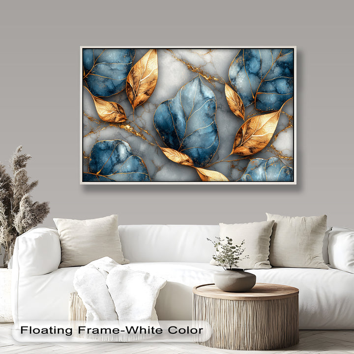 Modern abstract leaf painting with shimmering gold and deep blue textures.
