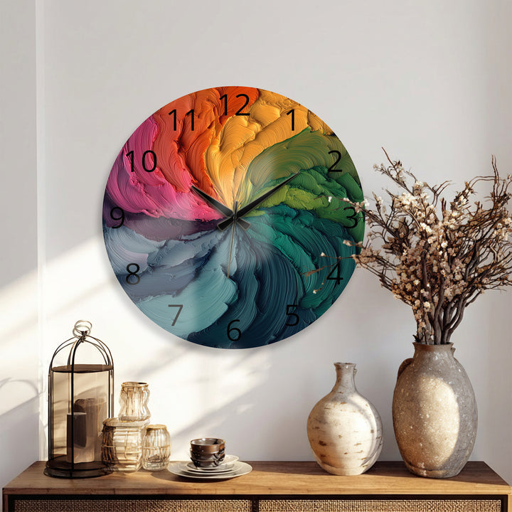 Colorful Abstract Glass Wall Clock – Rainbow Oil Painting Art