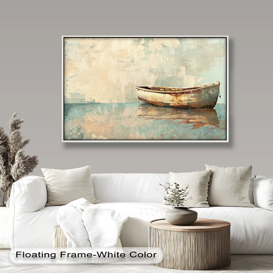 The stillness captured in this framed oil painting art piece portrays an old wood boat reflected on a serene surface.