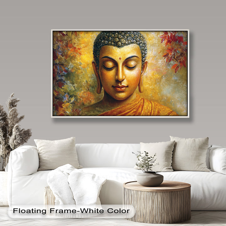 An expressive artwork of Buddha with a tranquil face, adorned in golden robes and framed by a colorful, spiritual ambiance.