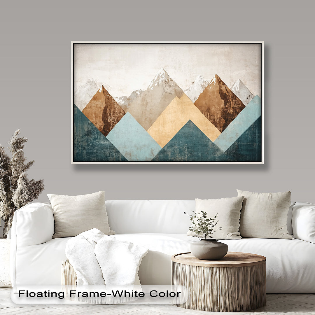 A modern geometric mountain painting combining abstract shapes and earthy tones with a textured, vintage aesthetic.