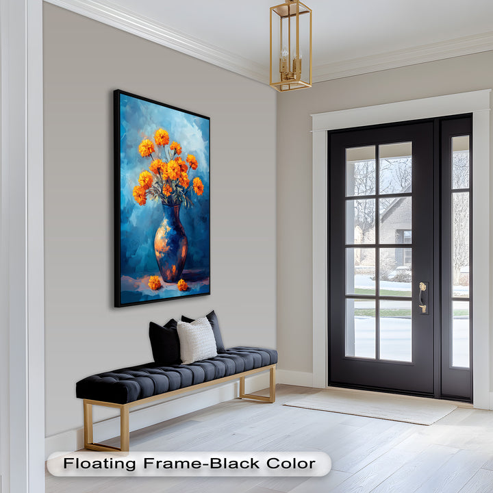 Golden Marigolds in Midnight Blue – Flower Oil Painting