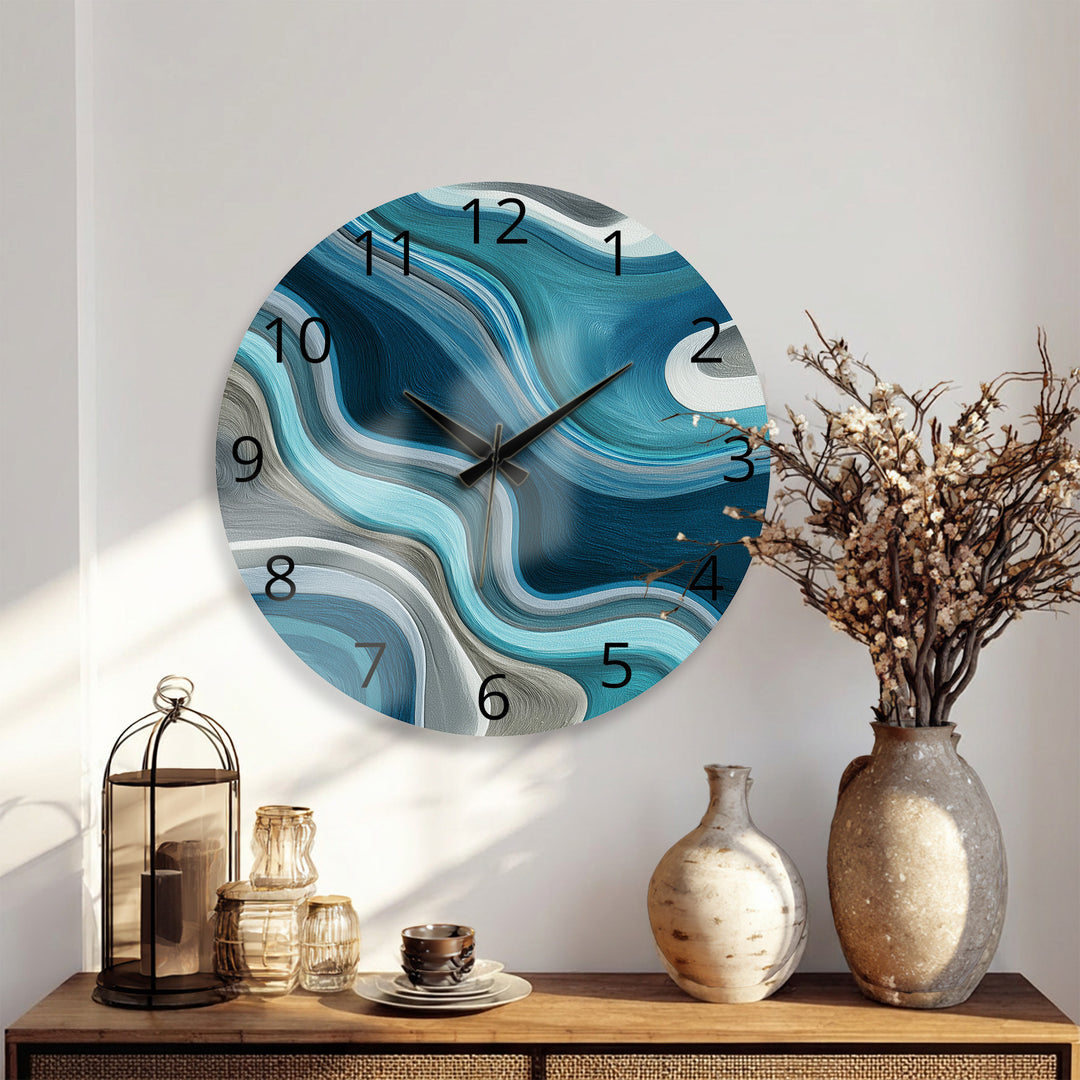 Blue Abstract Glass Wall Clock – Teal Wave Modern Decor