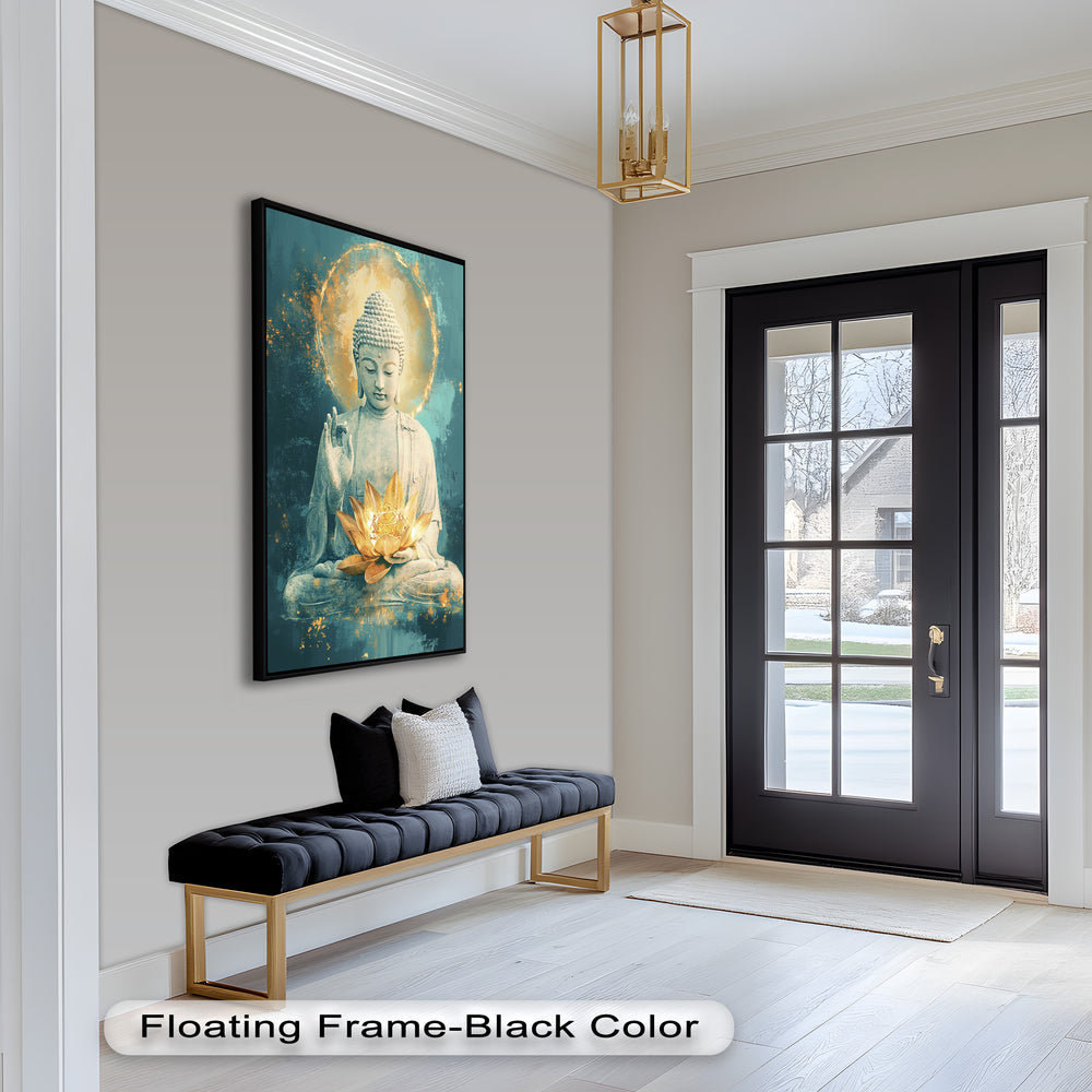 A tranquil and spiritual depiction of Buddha in lotus position, holding a radiant golden lotus symbolizing enlightenment.
