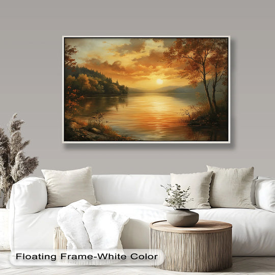 Visual rhythm is created in this golden lake sunset oil painting wall art through the warm reflections on the water and repeating shapes of trees and clouds.