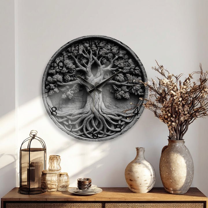 Black and White Tree of Life Glass Wall Clock – Celtic Style Art