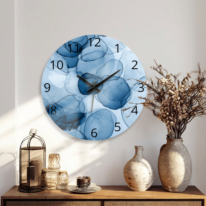 Blue Abstract Glass Wall Clock – Modern Alcohol Ink Art