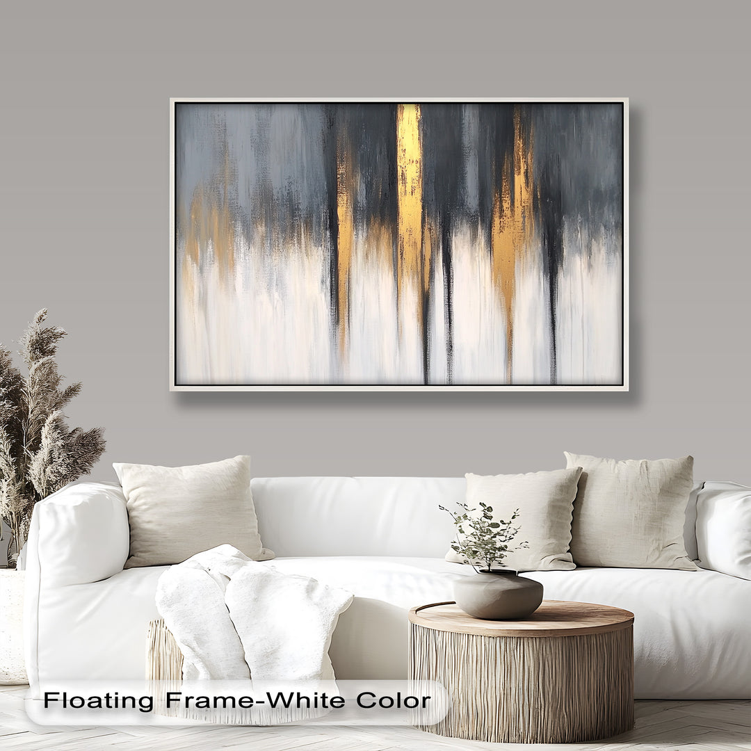 Modern abstract wall art with vertical gold accents and muted gray tones.
