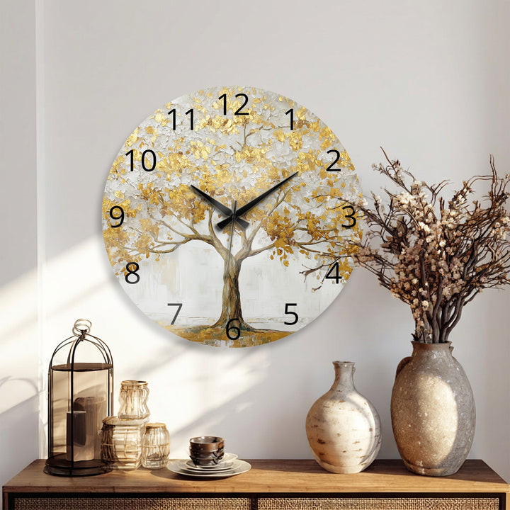 Gold Tree of Life Glass Wall Clock – White and Gold Modern Decor