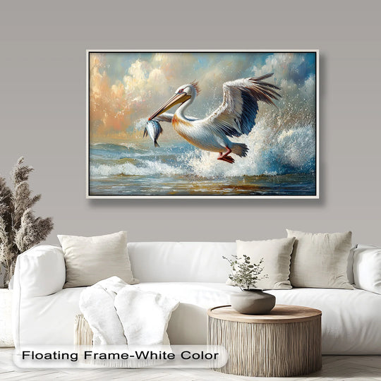Layered brushstrokes create depth in this oil painting artwork, depicting a pelican catching a fish amid ocean surf and crashing waves.