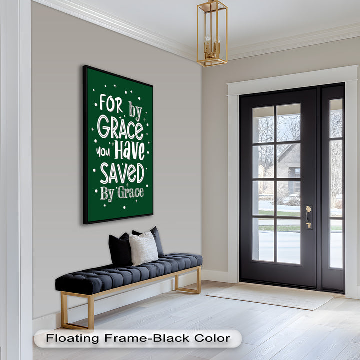 Green Religious Oil Painting – Inspirational Grace Quote for Christian Décor
