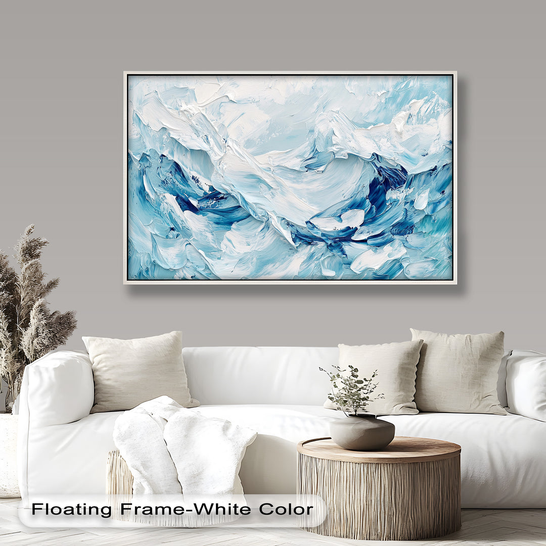 Abstract seascape painting with icy blue and white textured strokes.
