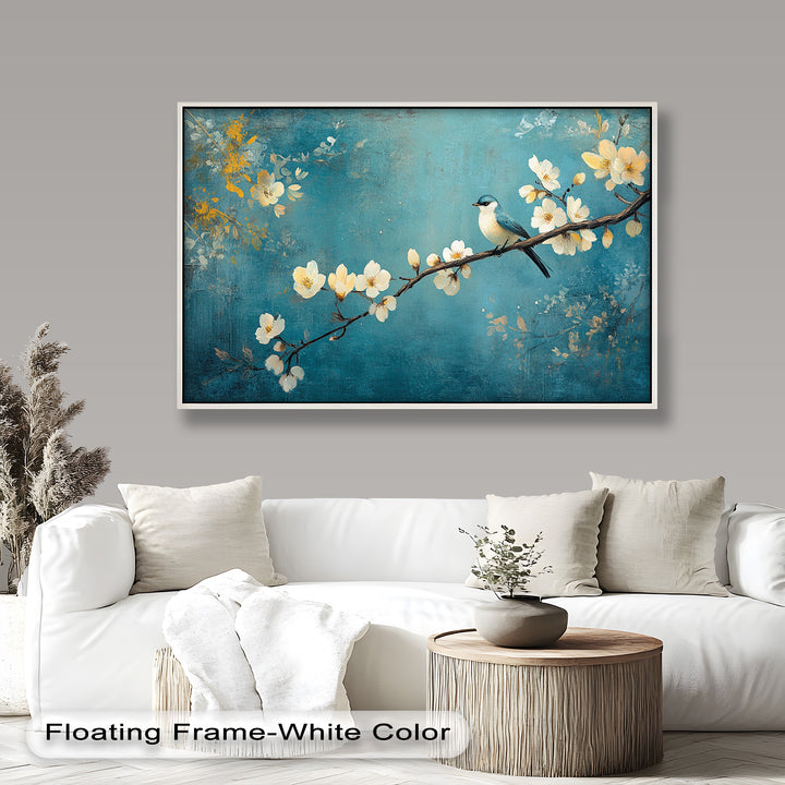 A charming composition of a bird on a flowering branch, surrounded by gentle blossoms and textured teal tones.