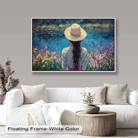 Subtle light and shadow define the brushstrokes in this oil painting decoration, depicting a girl in a hat by the water with vibrant impressionist flowers.