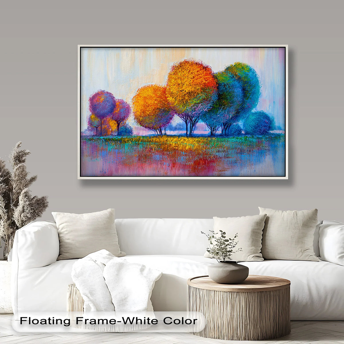 Vibrant hues in this colorful Nordic tree oil painting reproduction print, capture the eye with an abstract landscape in a floating frame, a modern element.