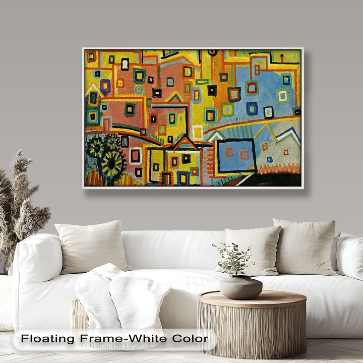 A rhythmic patchwork of simplified houses and window shapes, creating a whimsical, abstract village scene.
