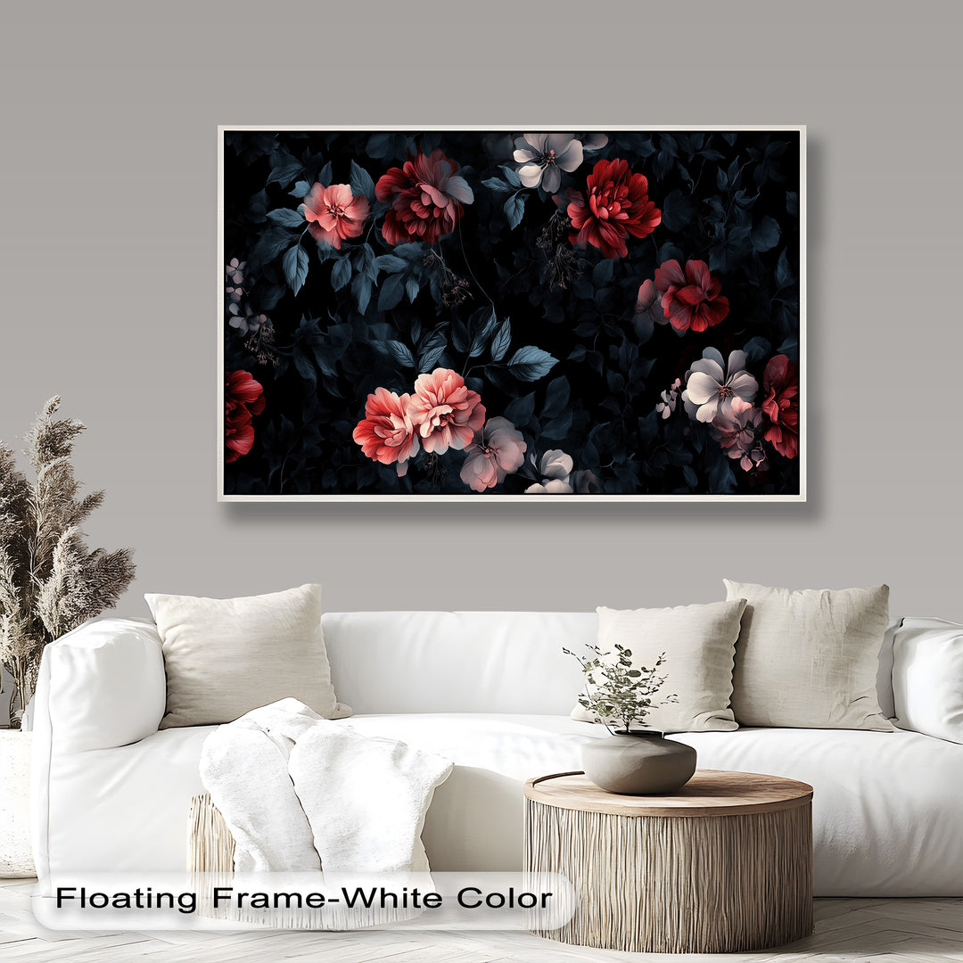 A sophisticated digital painting of roses and hibiscus-style flowers in warm shades, surrounded by shadowy leaves