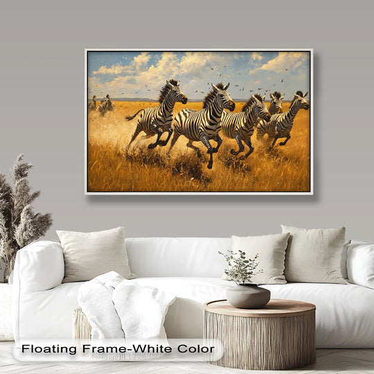 Showcasing the layering effect, this oil painting reproduction print presents zebras in a textured landscape, adding depth to this wildlife art.