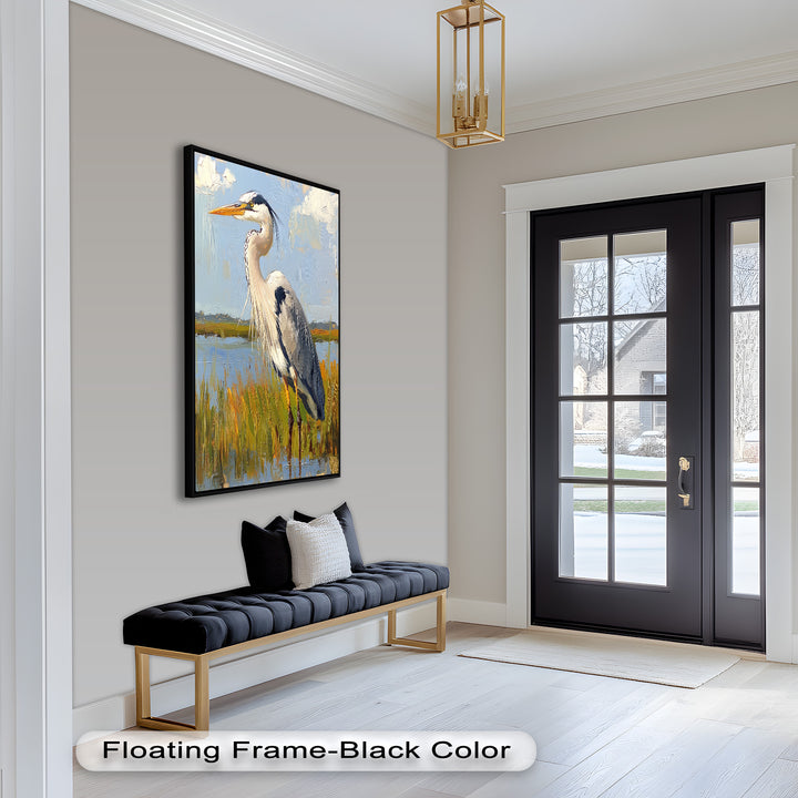 Heron in Sunlit Wetlands – Modern Oil Painting