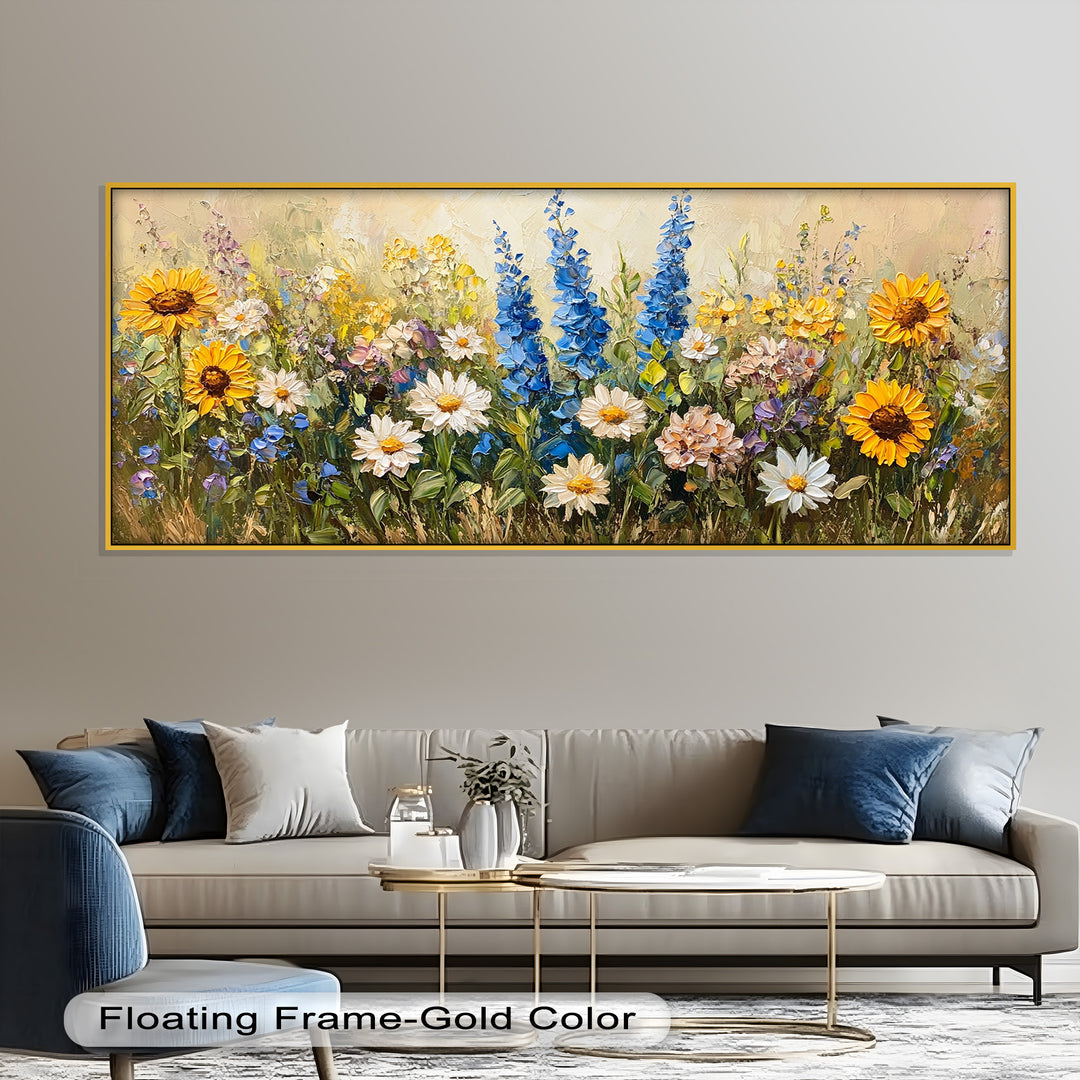 A cheerful meadow scene filled with blooming sunflowers, daisies, and vibrant blue delphiniums in a textured, painterly style.