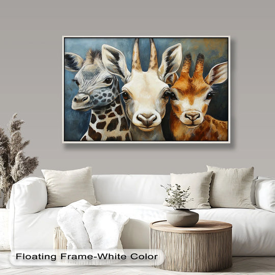 The bright, central giraffe showcases the detailed brushwork of this trio portrait, a captivating oil painting artwork that highlights the artistic detail in the giraffes' faces.