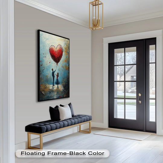 The brightest area highlights the dreamy background in this Romantic Red Heart Balloon Scene oil painting art piece, a whimsical display of love and affection.