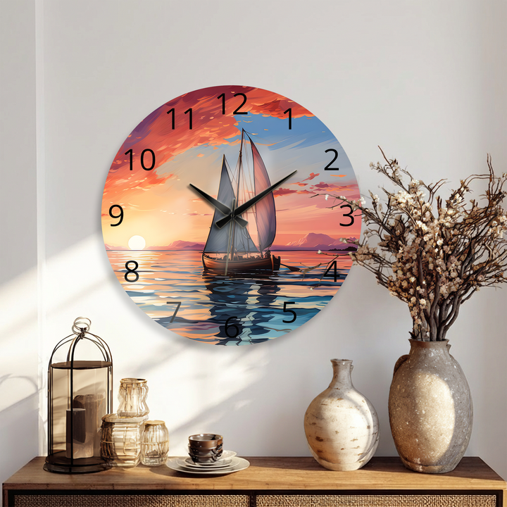 Sunset Sailboat Glass Wall Clock – Coastal Nautical Decor