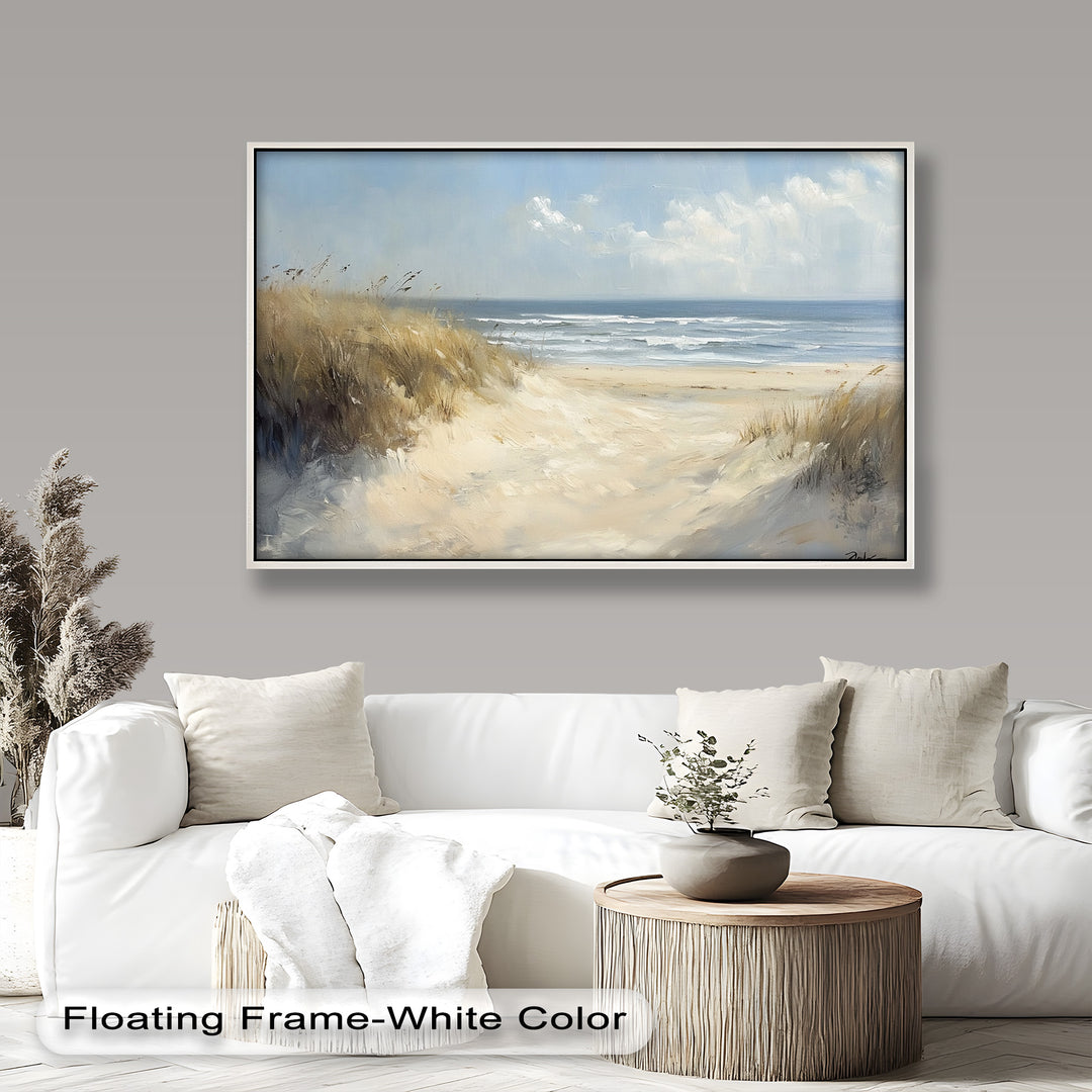 Tranquil seascape painting with soft sand dunes and gentle ocean waves.
