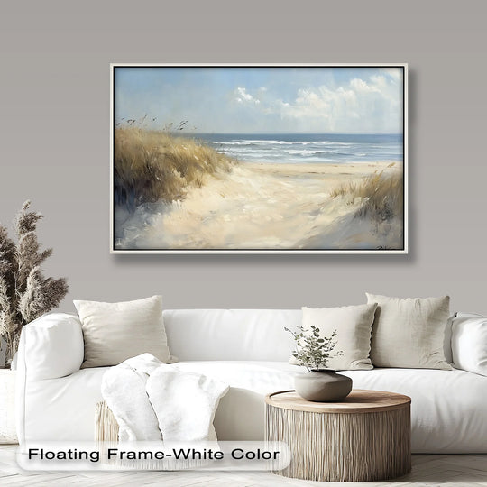 Rhythmic brushstrokes create a flowing visual pattern in this framed Coastal Breeze beach oil painting reproduction print, showcasing the sandy path and gentle ocean waves.