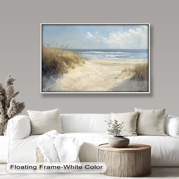 Tranquil seascape painting with soft sand dunes and gentle ocean waves.
