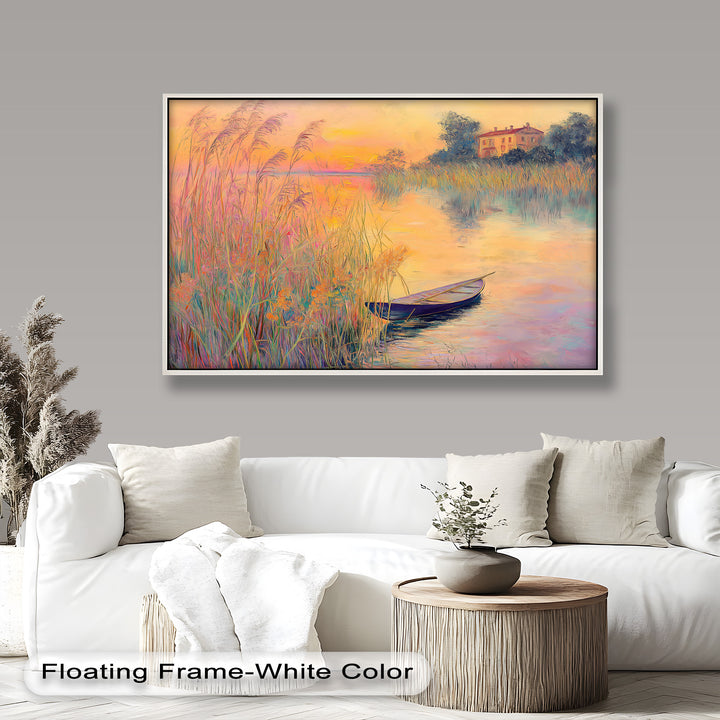 Golden Reeds and Sunset Rowboat – Impressionist Oil Painting
