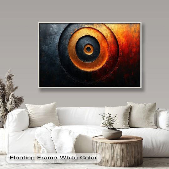 A crisp white edge frames this abstract gold circle wood art, a modern oil painting art piece that adds depth and focus.