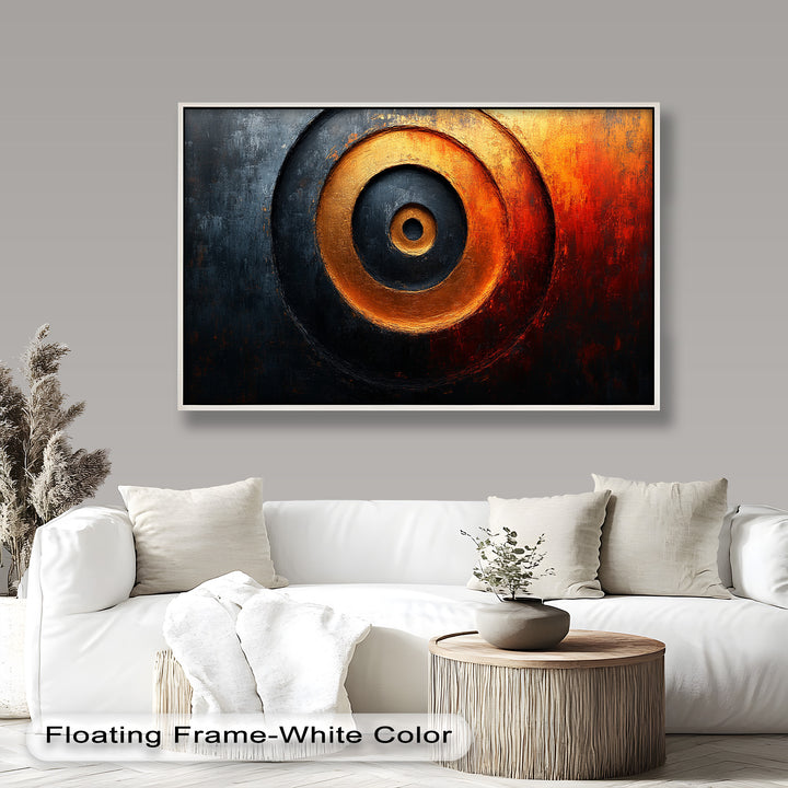 Bold abstract painting with concentric gold circles and fiery textures.
