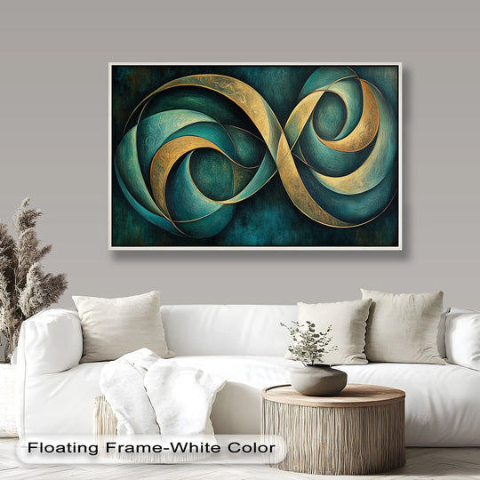 Teal's dominant color beautifully enhances the modern oil painting reproduction print of the Infinity Loop Abstract, enriched by a luxurious gold design.