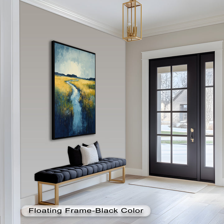 Golden Fields and Blue Stream – Contemporary Landscape Oil Painting