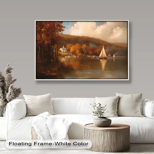 The brightest area highlights the clouds in this classic Hudson River oil painting art piece, with boats gliding through autumn trees.