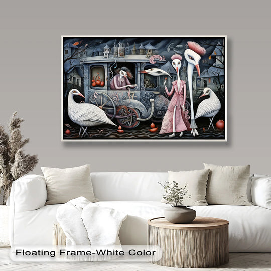 Smooth surface texture defines this surreal carriage scene oil painting home decor with elegant bird-headed figures in a dreamy, narrative fantasy.