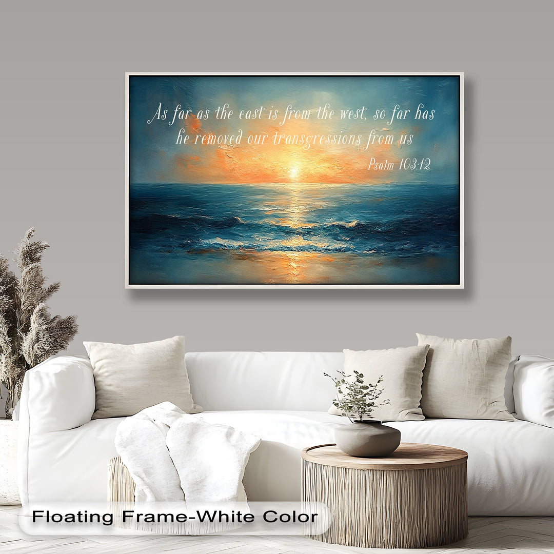 Peaceful ocean sunrise painting with Psalm 103:12 inscribed.
