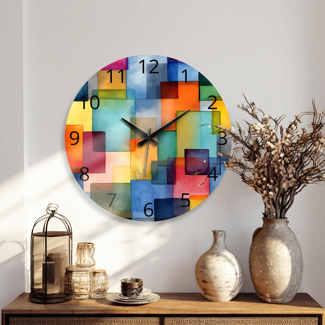 Colorful Geometric Glass Wall Clock – Abstract Color Block Art