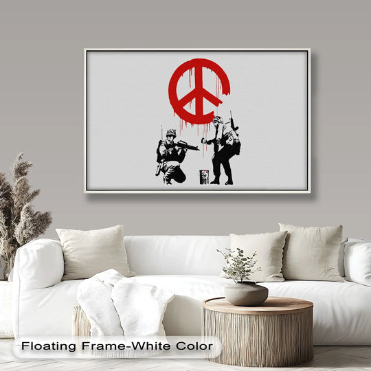 Showcasing a red peace symbol above soldiers, the loudest element highlights the impactful message within this Banksy-style oil painting art prints piece.